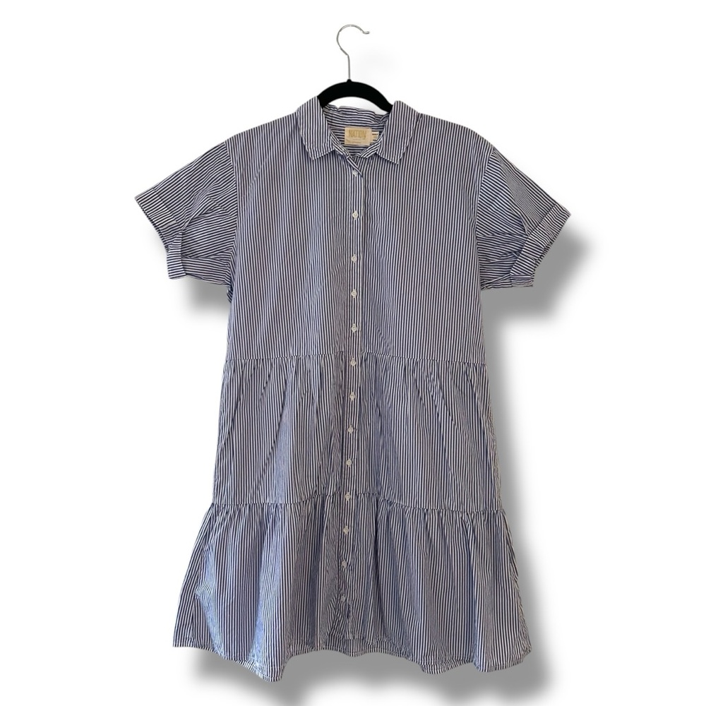 Nation LTD Banker Stripe Blue Hallie Tiered Buttoned Babydoll Shirt Dress XS